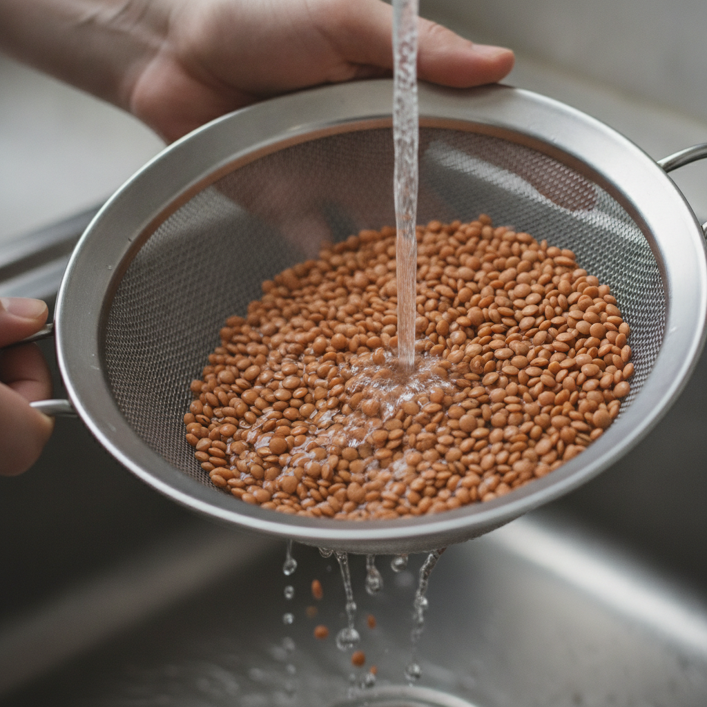 ざるに入れたレンズ豆を流水で洗っている様子