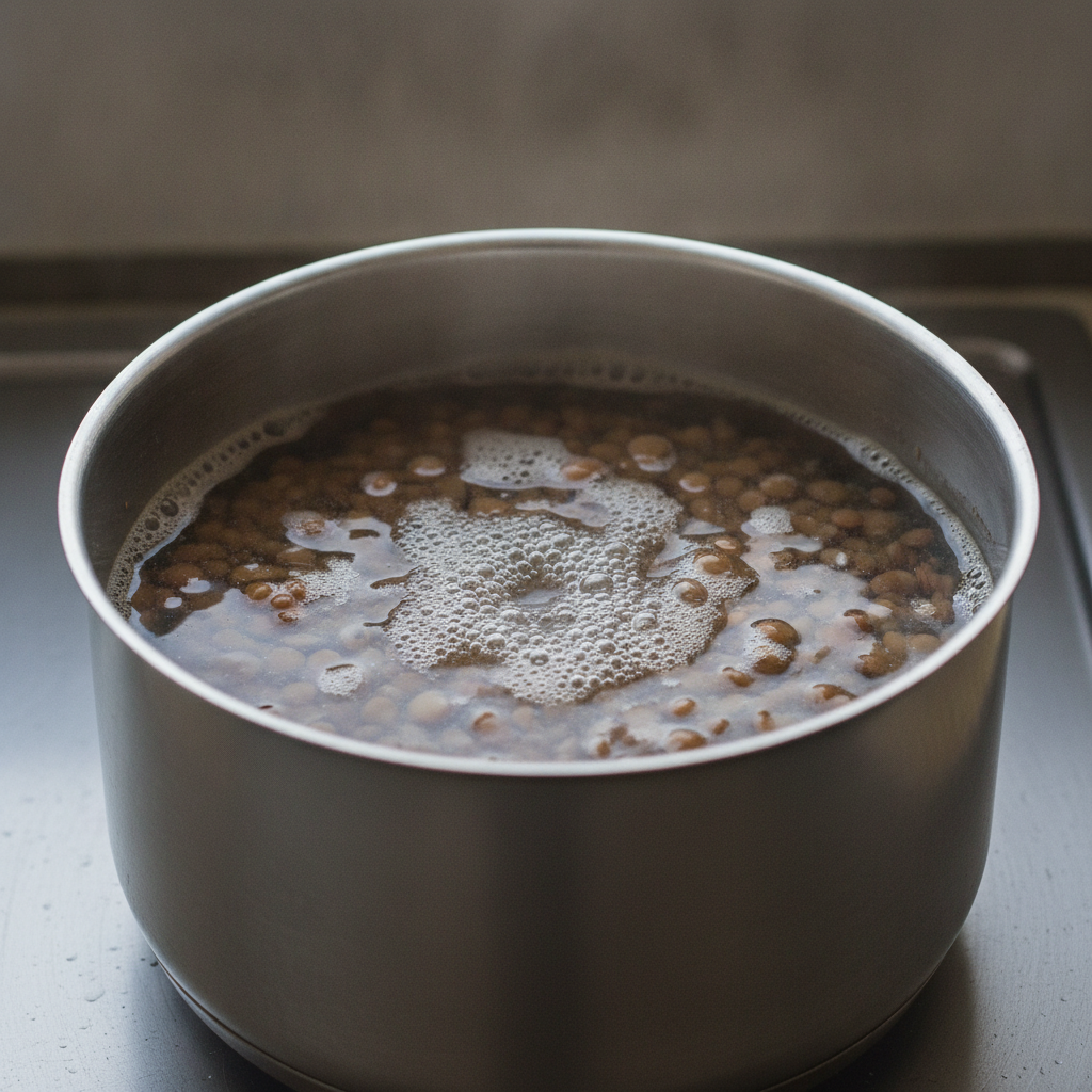 鍋でレンズ豆を茹でている様子
