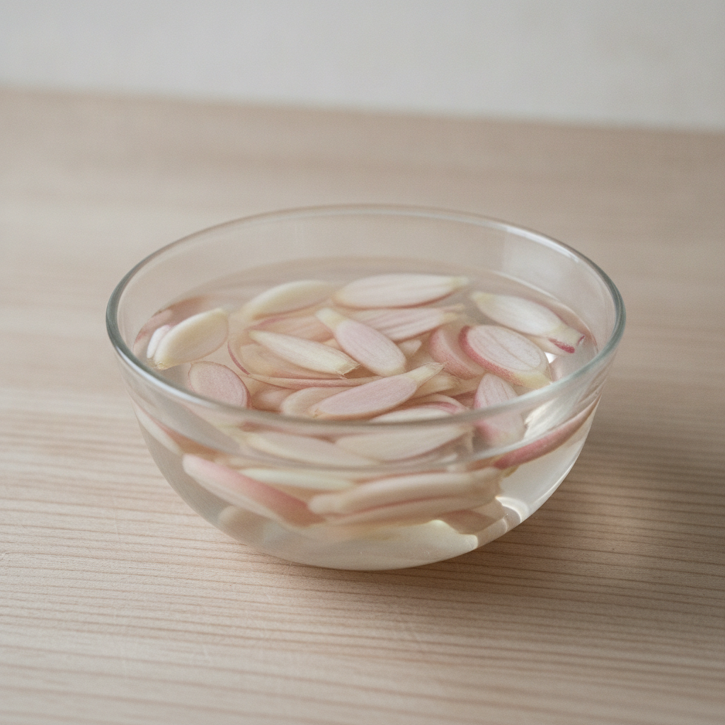 小口切りにしたみょうがが水にさらされている様子
