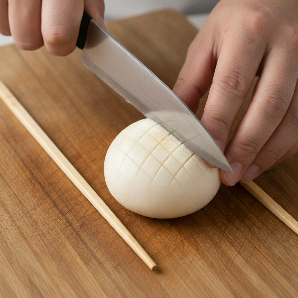 菜箸を両脇に置いてかぶに格子状の切り込みを入れている手元