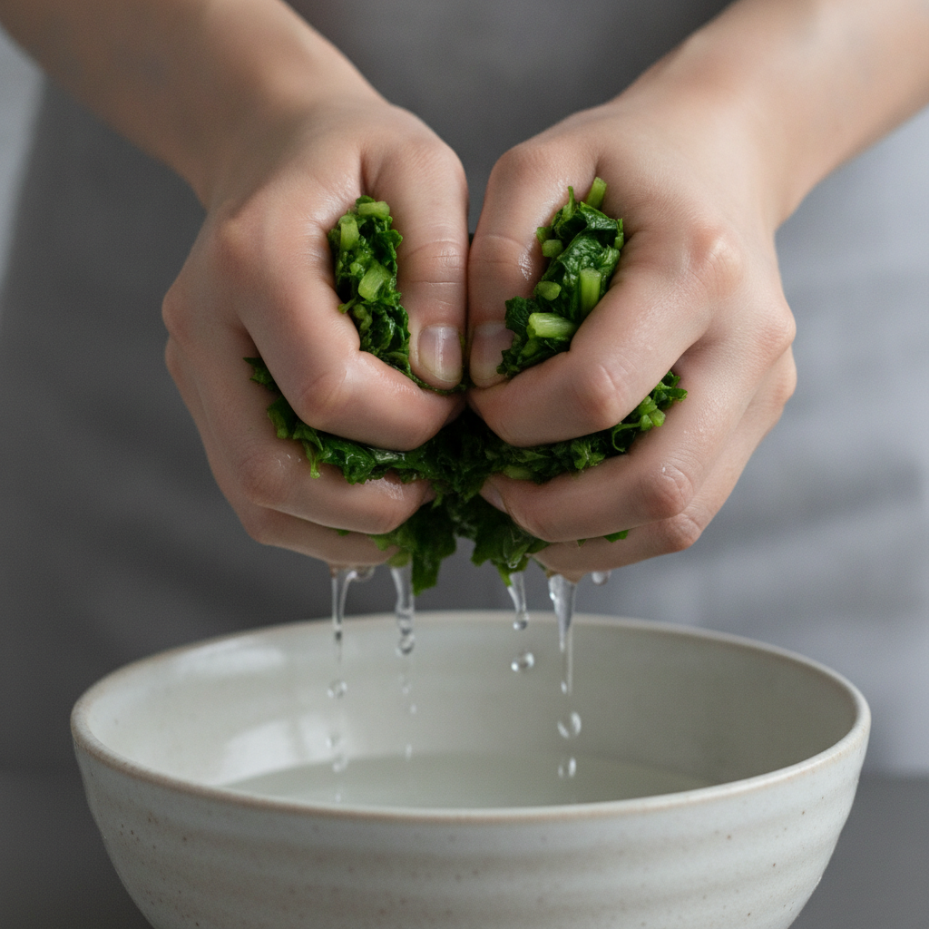 刻んだ春菊の水気を手で絞っている様子