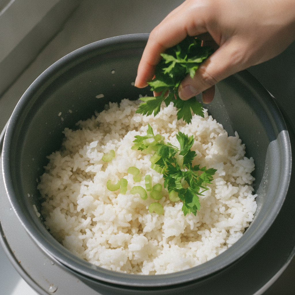 炊き上がったご飯にセロリの葉を混ぜ込む様子
