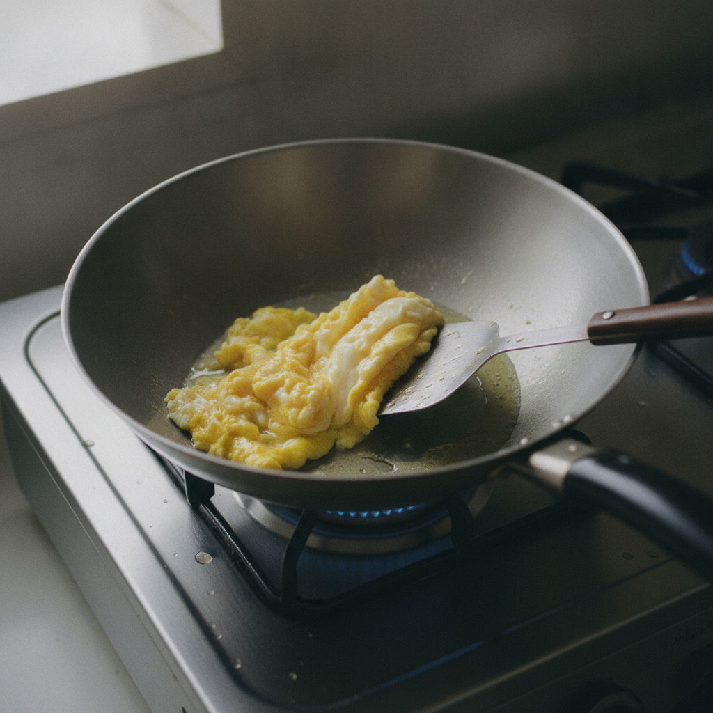 フライパンで卵を半熟に炒めている様子