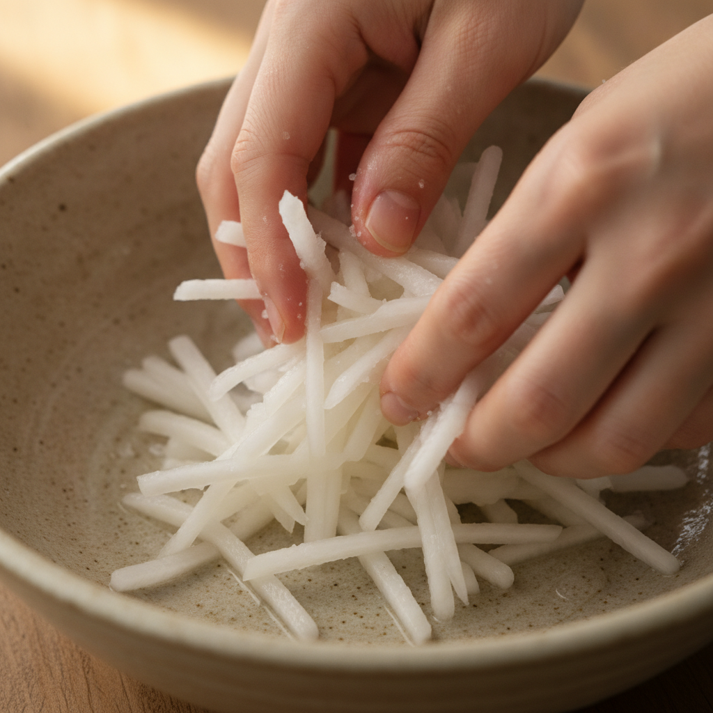 せん切りにした大根を塩もみする様子