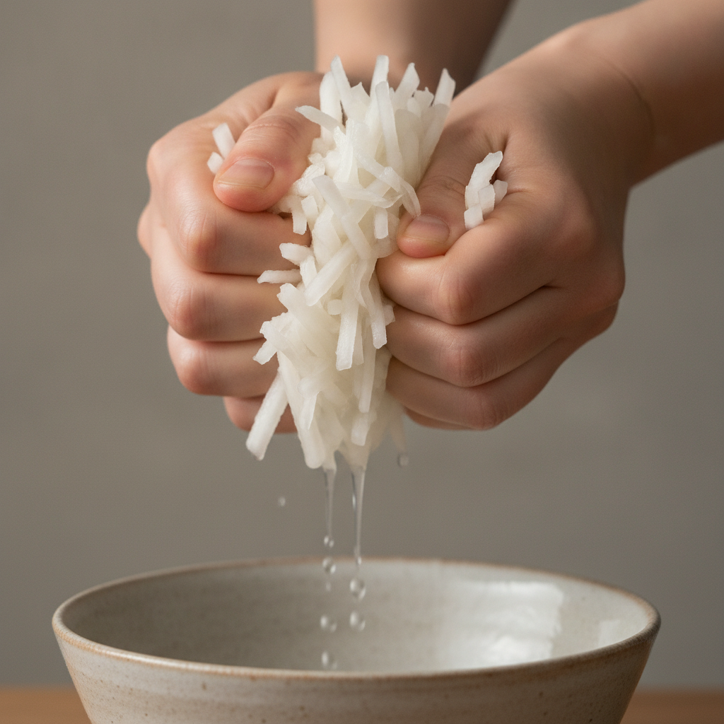 塩もみした大根の水気を絞る様子