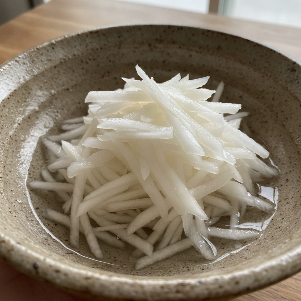 せん切り大根を塩もみして水分を抜く様子
