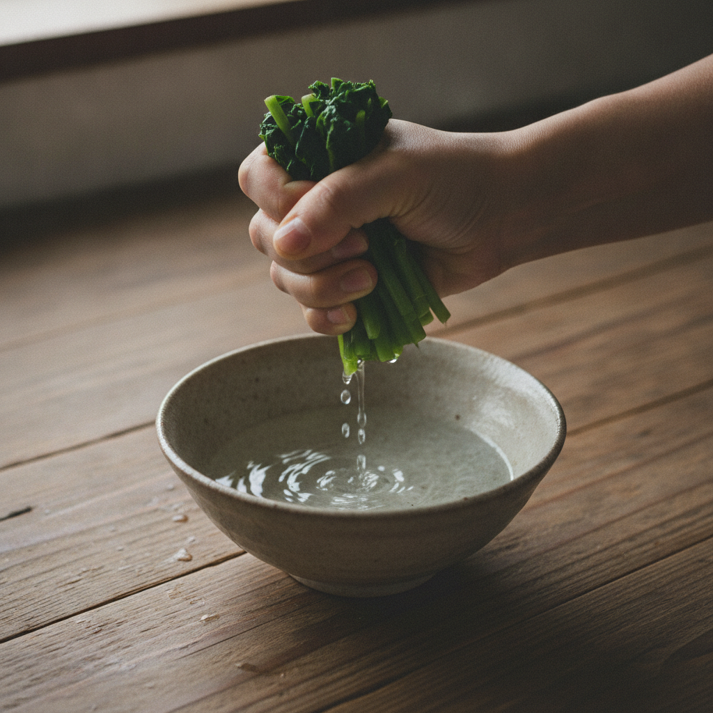 水気を絞る菜の花