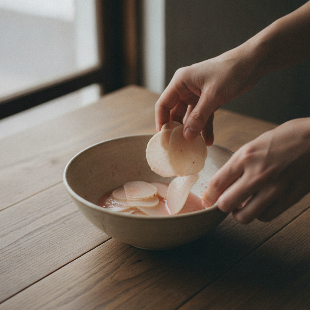 白梅酢を薄めて野菜と和える様子