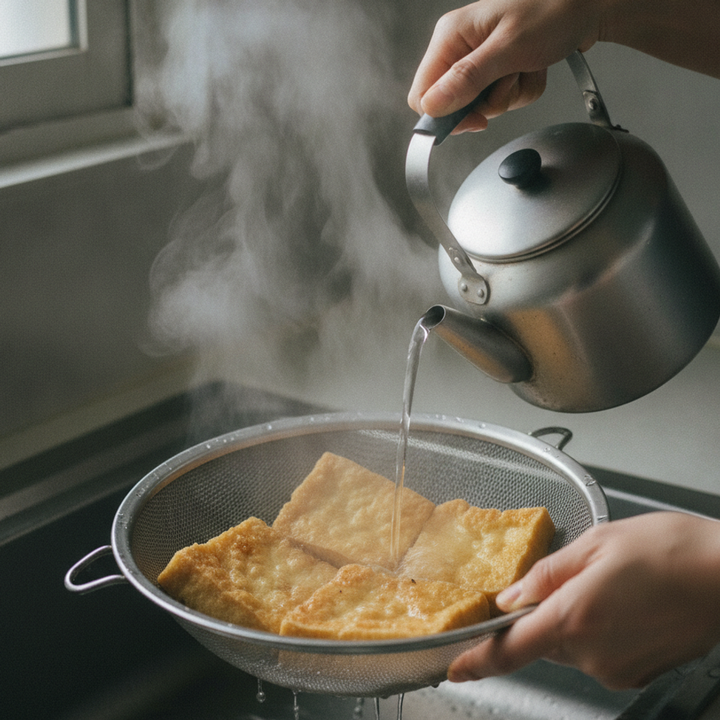 昔あげに熱湯をかける様子
