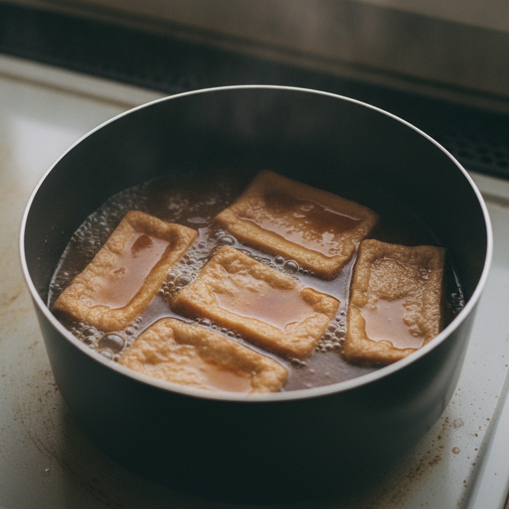 だしで煮含める油揚げ