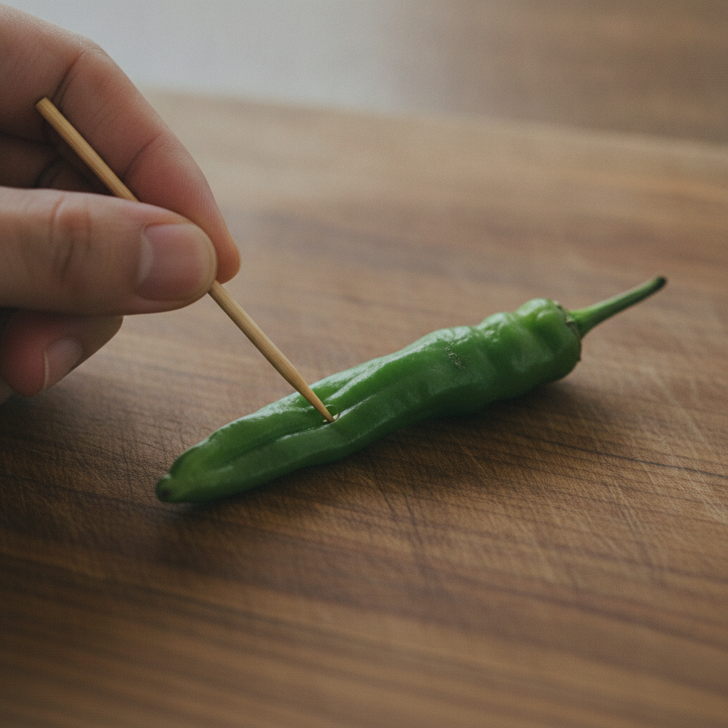 竹串で甘長とうがらしに穴を開ける様子