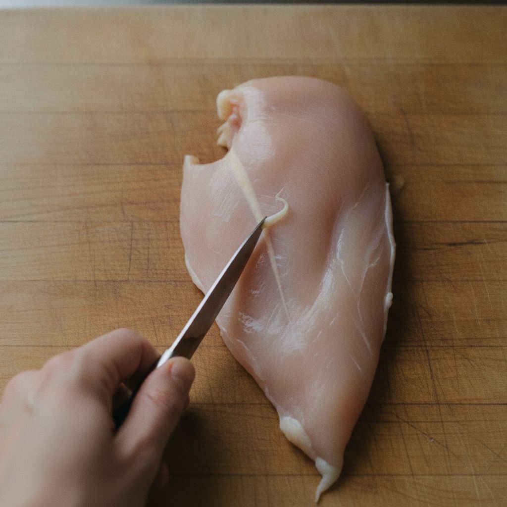 鶏むね肉の筋を取り除く様子