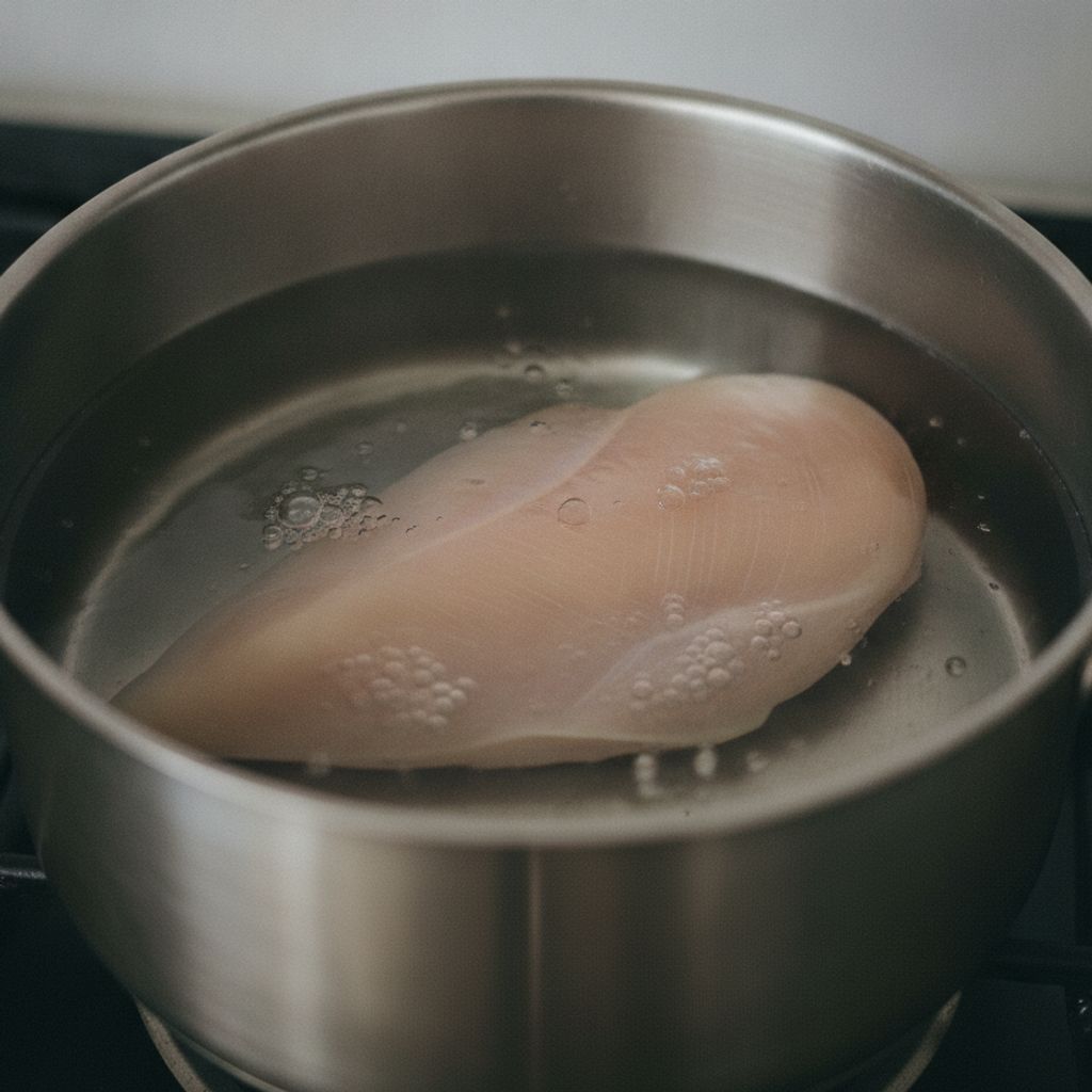 鶏むね肉を弱火でゆでる様子