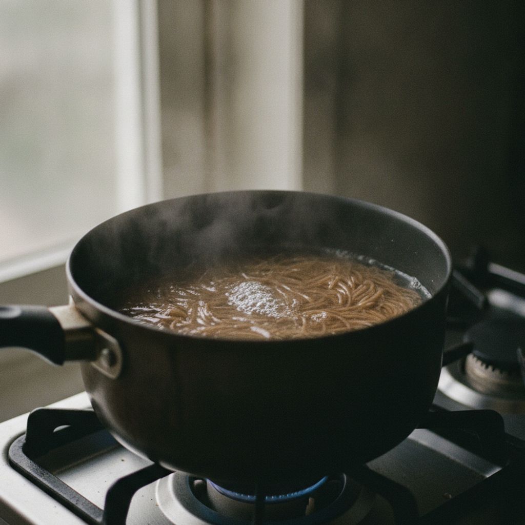 鍋で玄米麺をゆでる様子