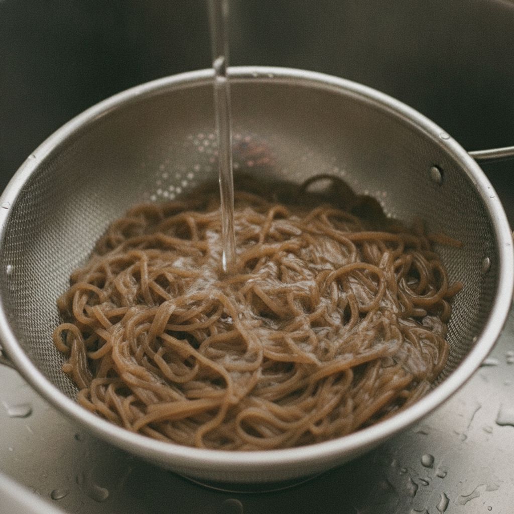 ゆでた玄米麺を冷水で洗う様子