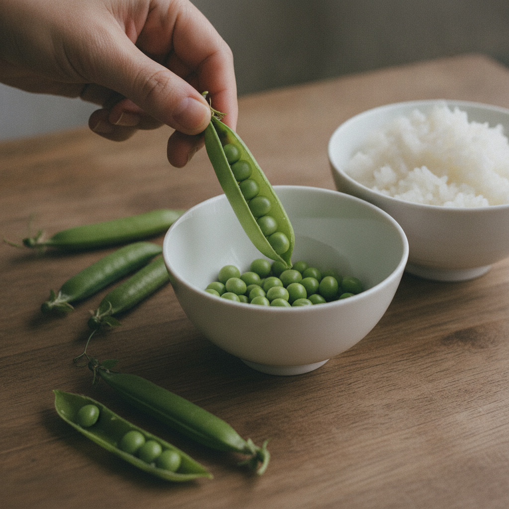 えんどう豆をさやから取り出す様子