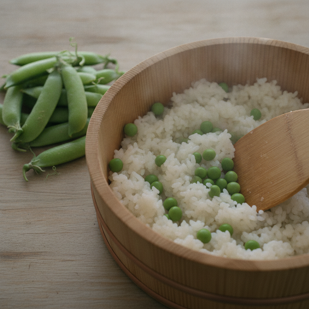 炊き上がったご飯にえんどう豆を混ぜ込む様子