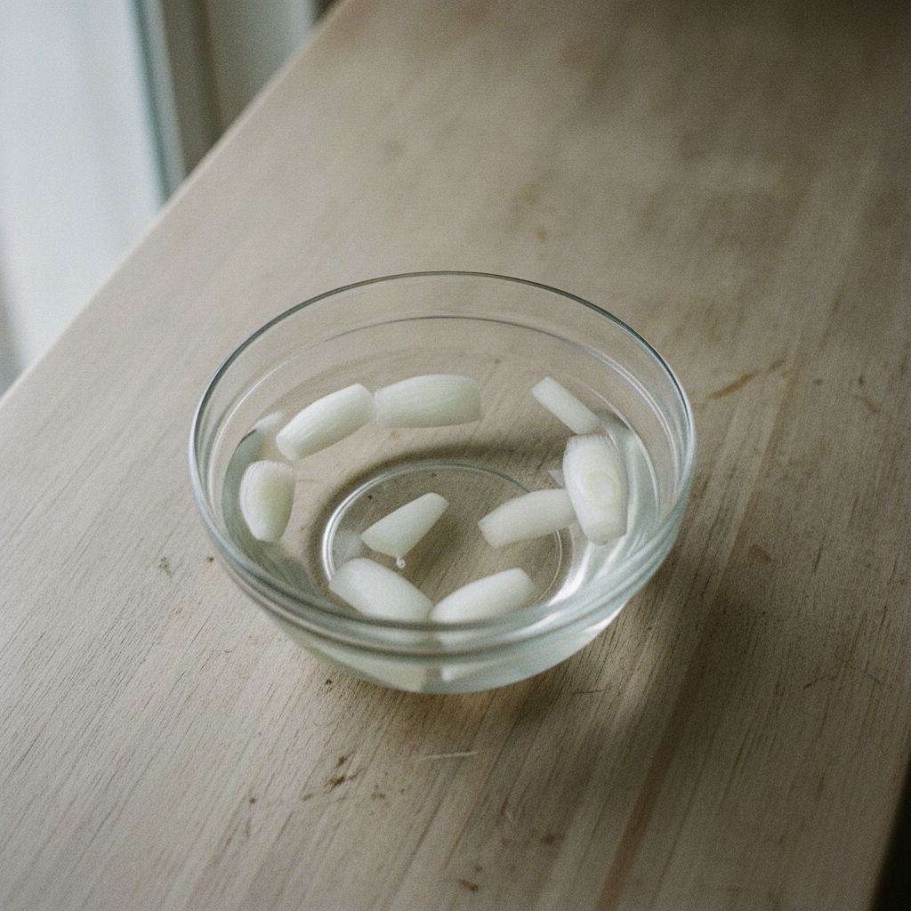 薄切りにした葉玉ねぎの白い部分を水にさらす様子