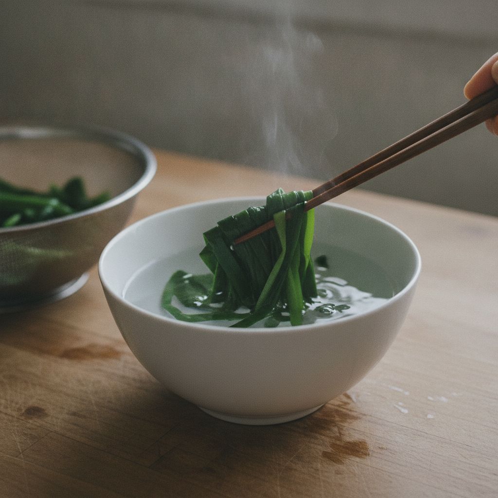 葉玉ねぎの葉の部分を塩茹でして冷水にとる様子