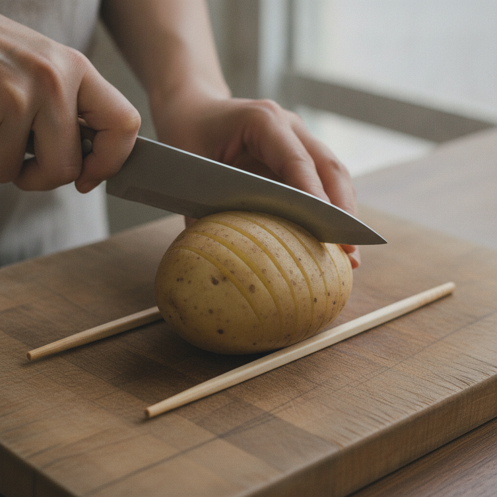 じゃがいもの両脇に菜箸を置いて切り込みを入れる様子