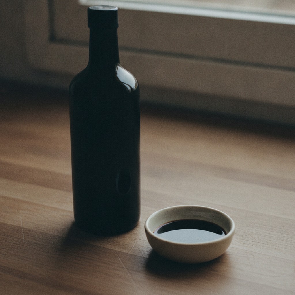バルサミコ酢の瓶と小皿に注がれた酢