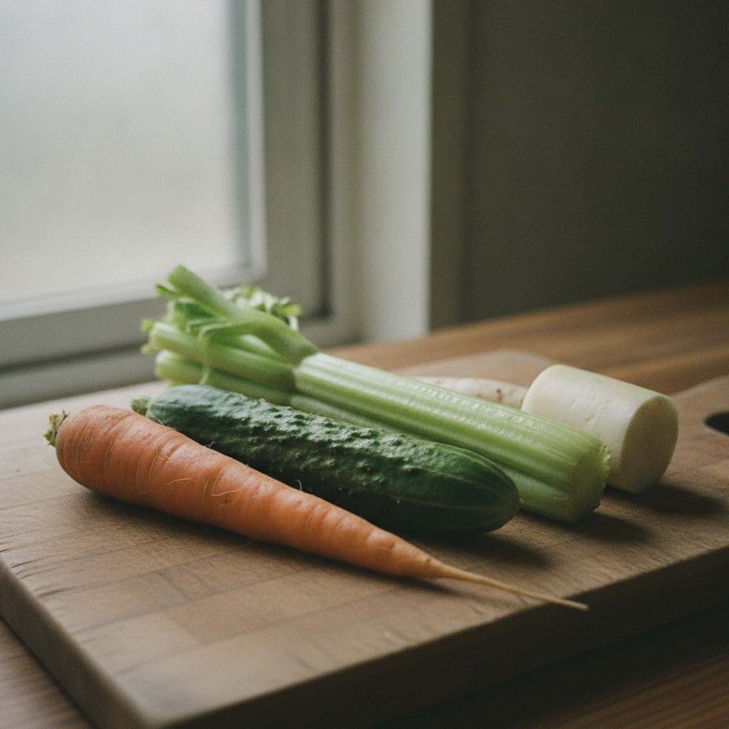 まな板に並んだにんじん・きゅうり・セロリなどの野菜