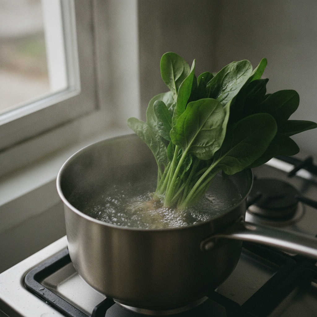 ほうれん草を熱湯で下ゆでする様子