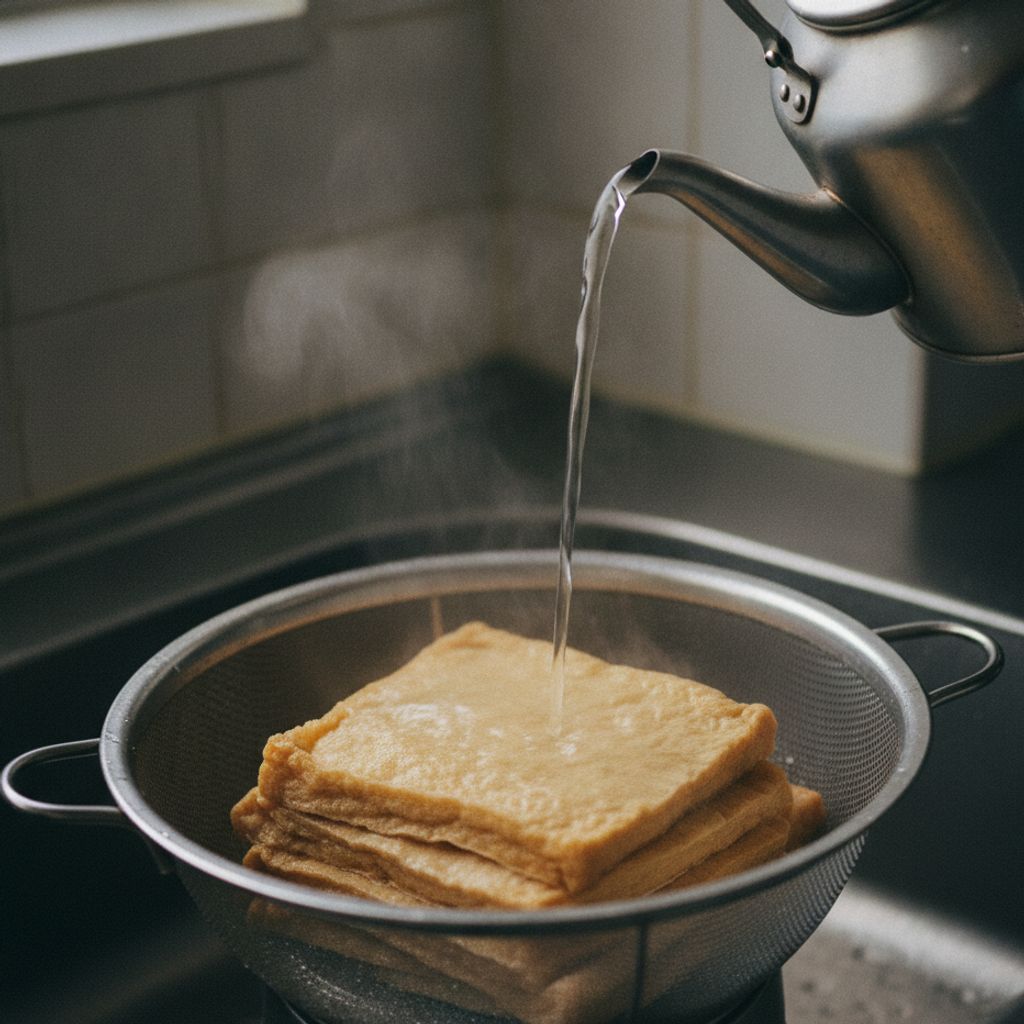 油揚げに熱湯をかける下ごしらえ