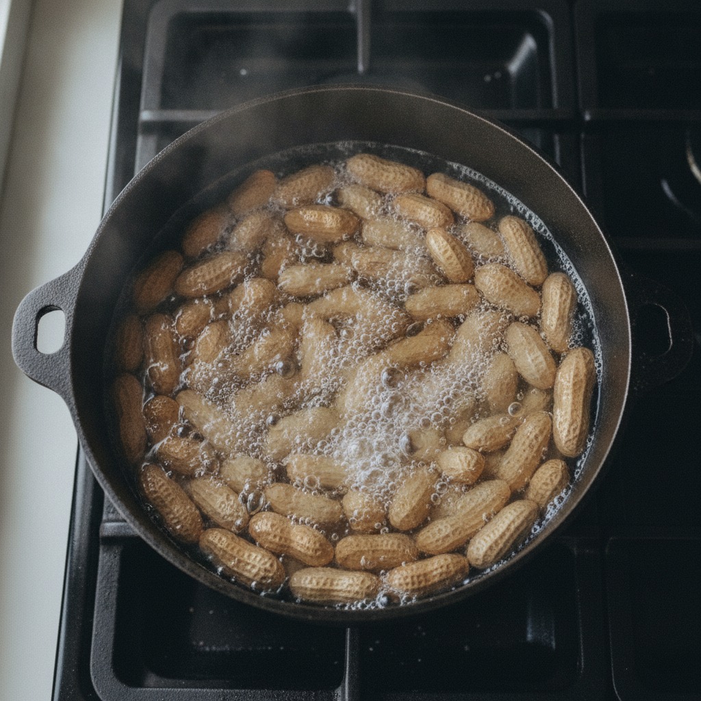 鍋で塩ゆでしている生落花生