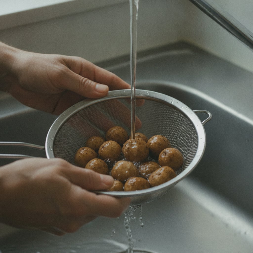 ざるに入れたむかごを流水で洗っているところ