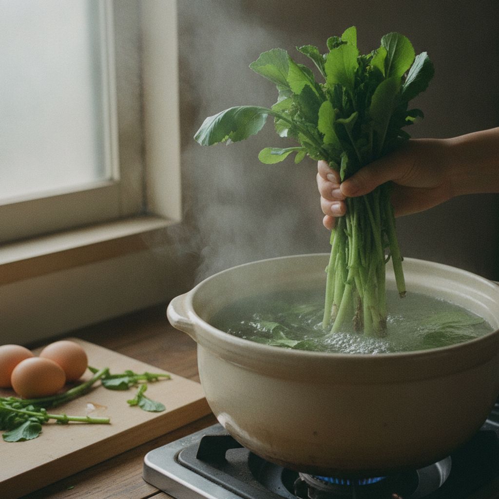 熱湯に茎からくぐらせる菜花