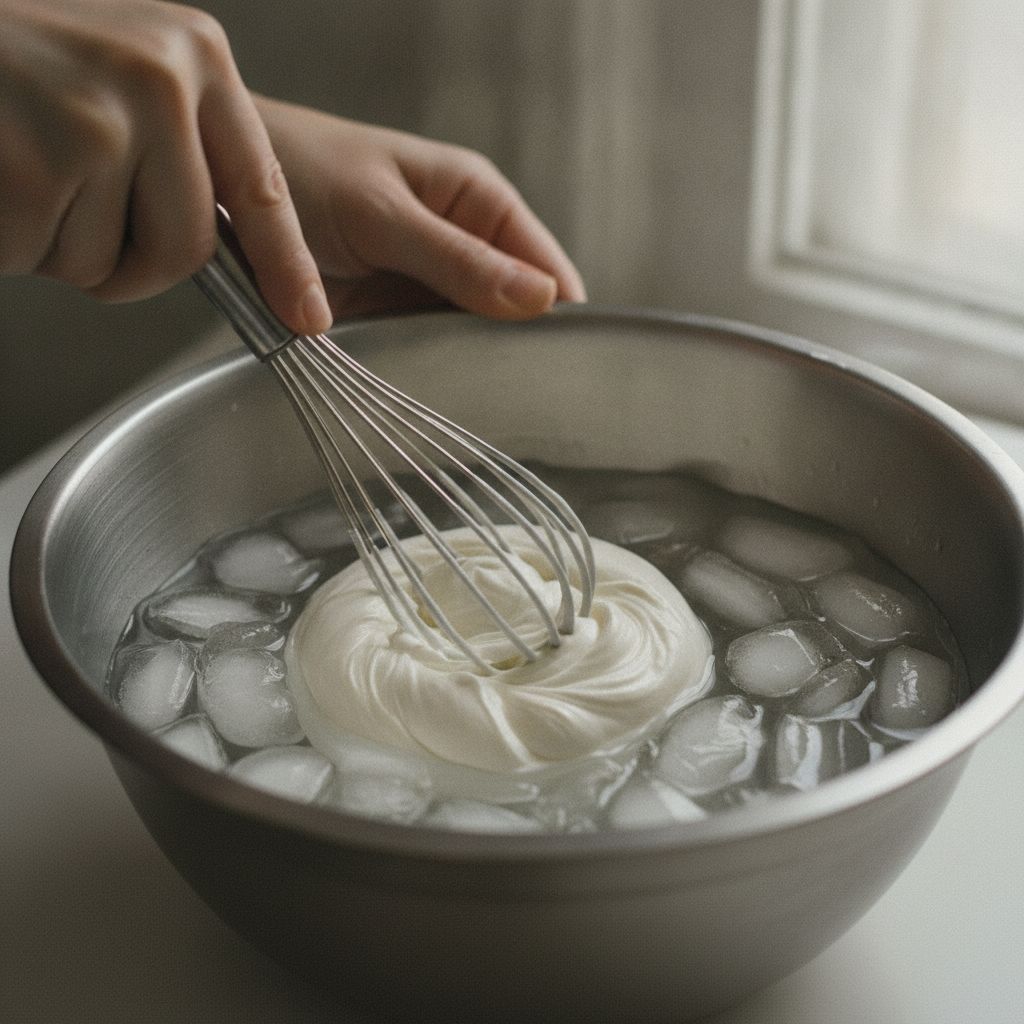 氷水にあてながら生クリームを泡立てる