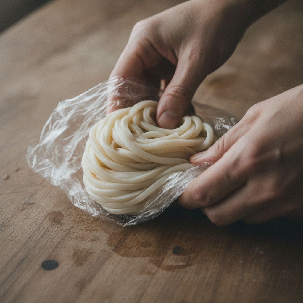 うどんを1食分ずつラップで包む下ごしらえ