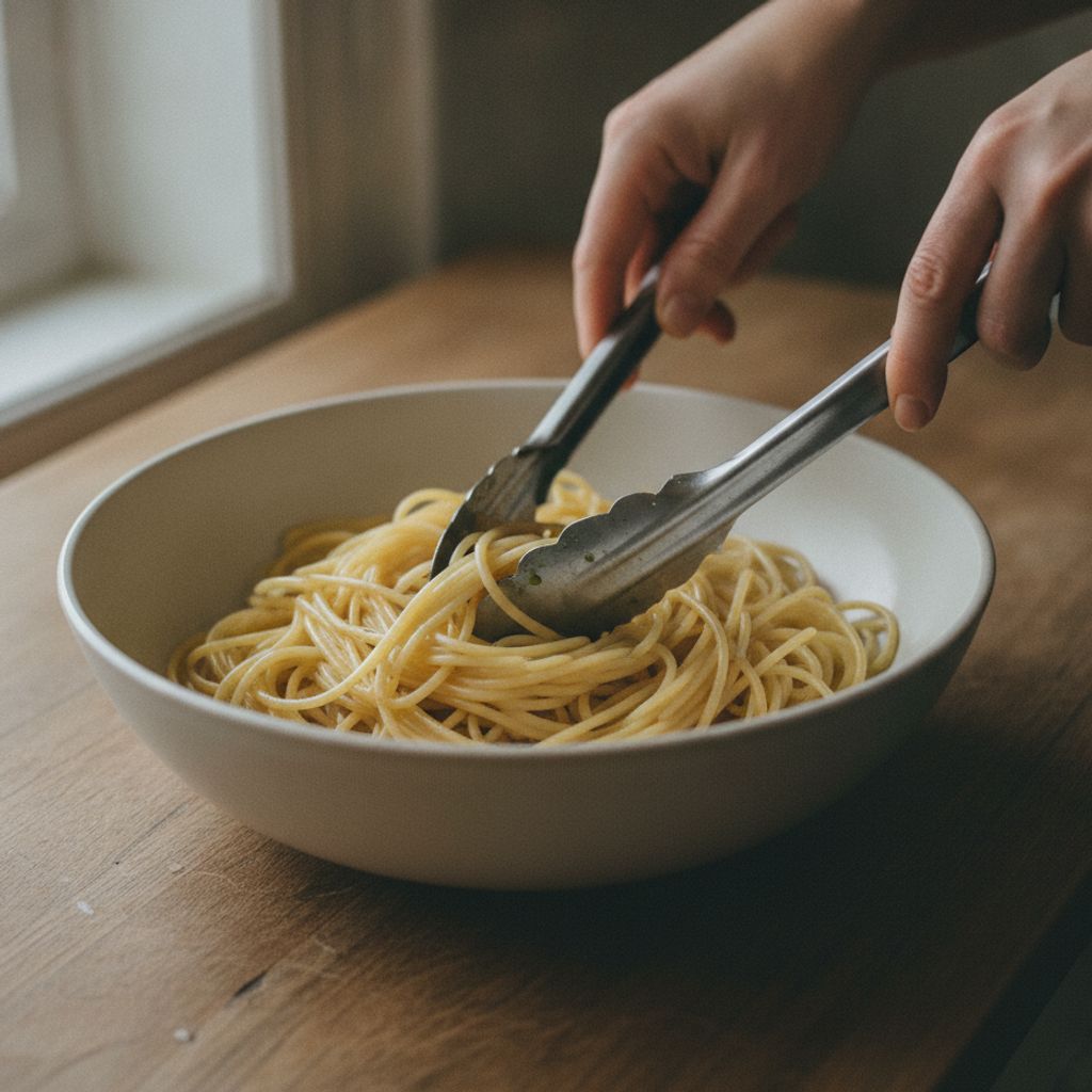 パスタにオリーブオイルを絡める下ごしらえ