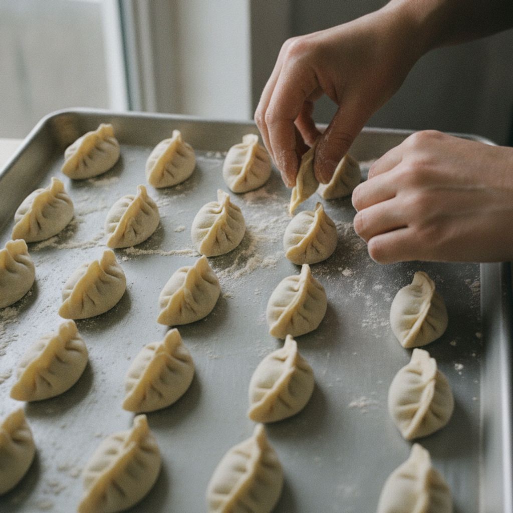 餃子をバットに間隔をあけて並べる下ごしらえ