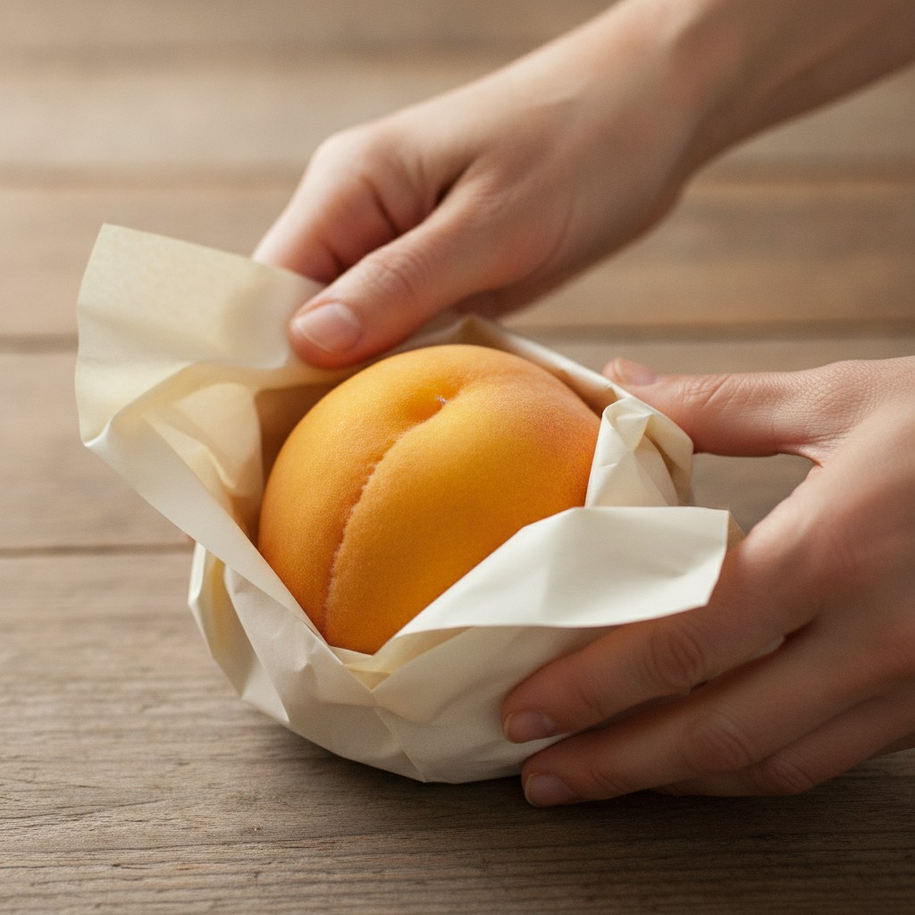 桃を新聞紙で包む下ごしらえ