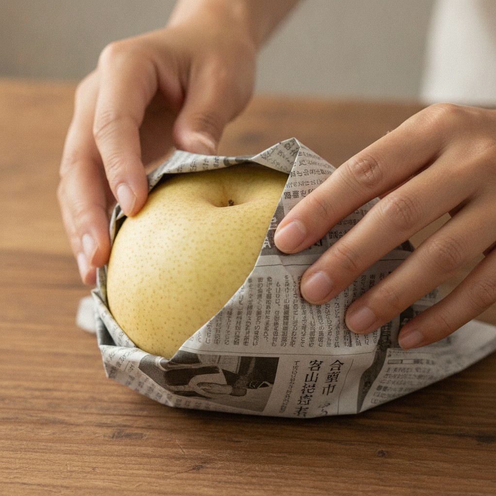 梨を新聞紙で包む下ごしらえ