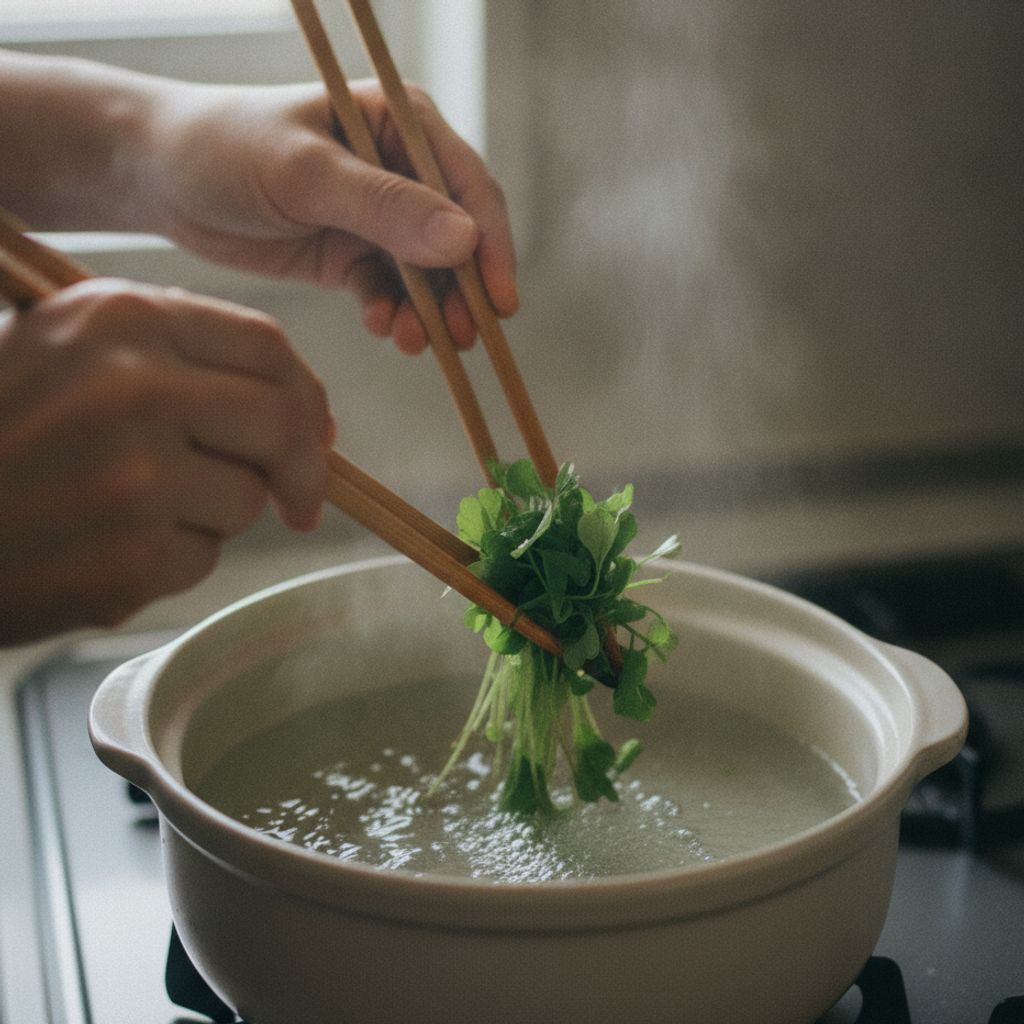 三つ葉をさっと茹でる下ごしらえ