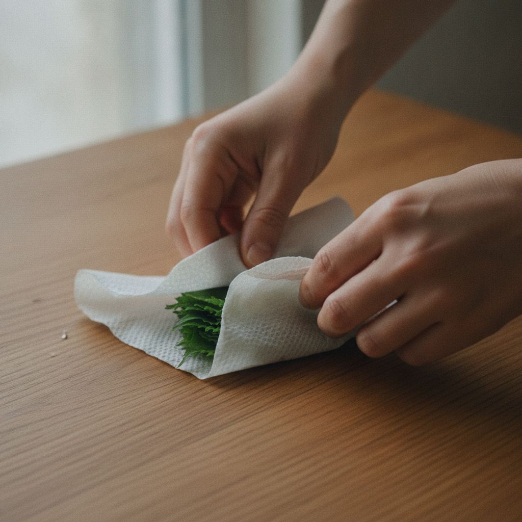 湿らせたキッチンペーパーで青じそを包む下ごしらえ
