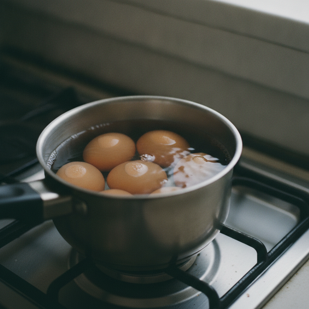卵を鍋で茹でる下ごしらえ
