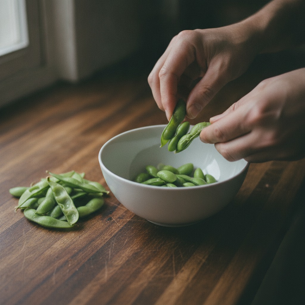 茹でた枝豆をさやから出して薄皮をむく様子