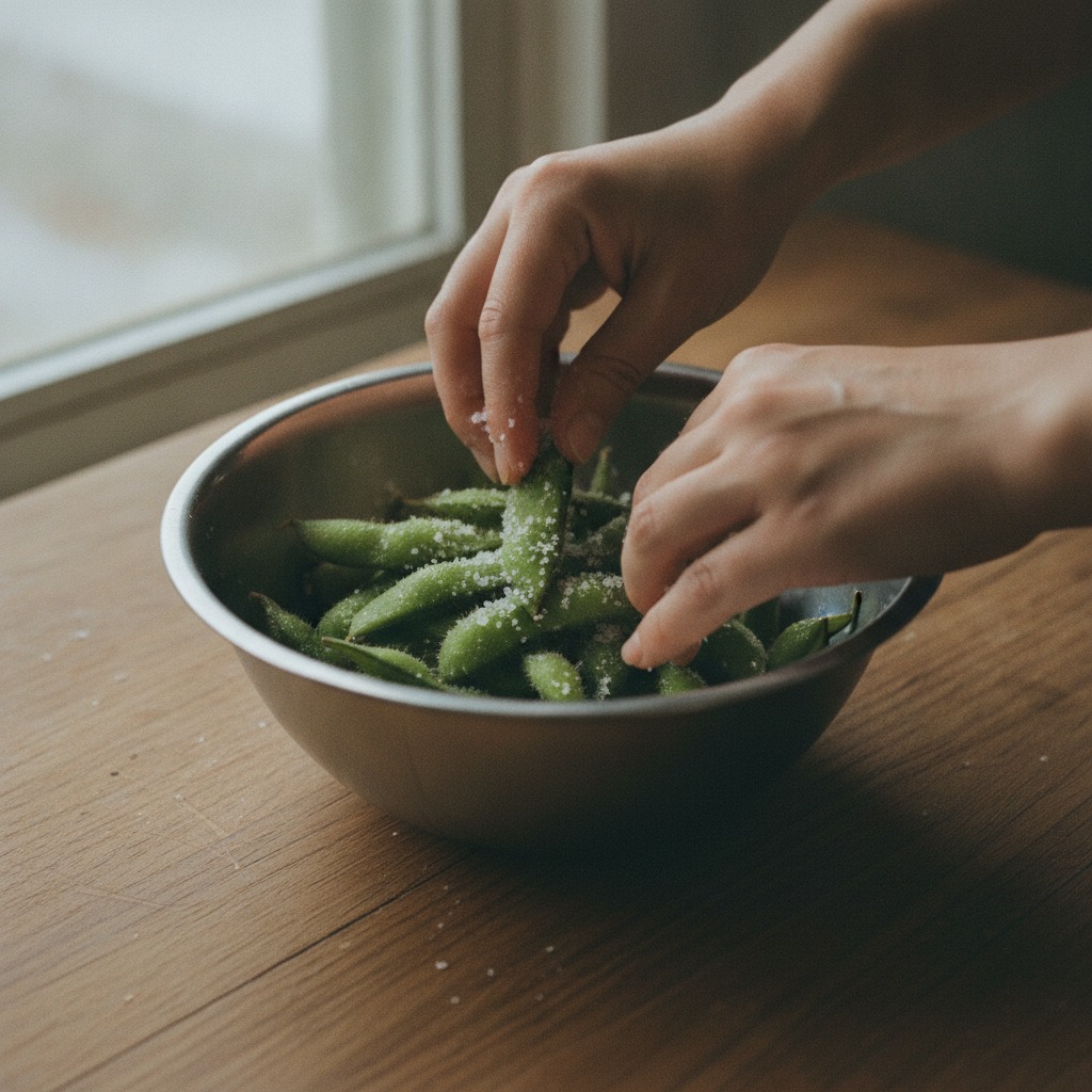 枝豆を塩でこすり洗いする様子