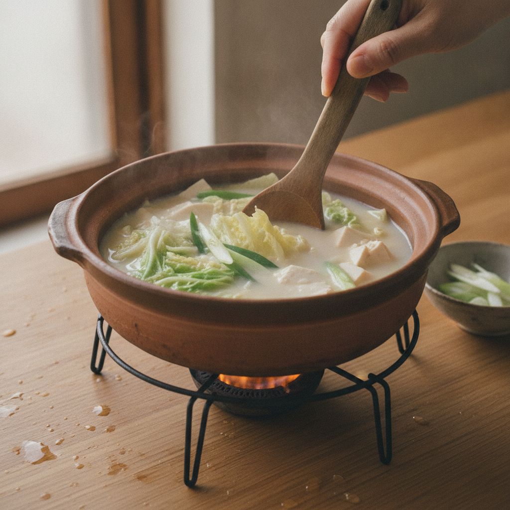 鍋で豆乳を優しく温める様子