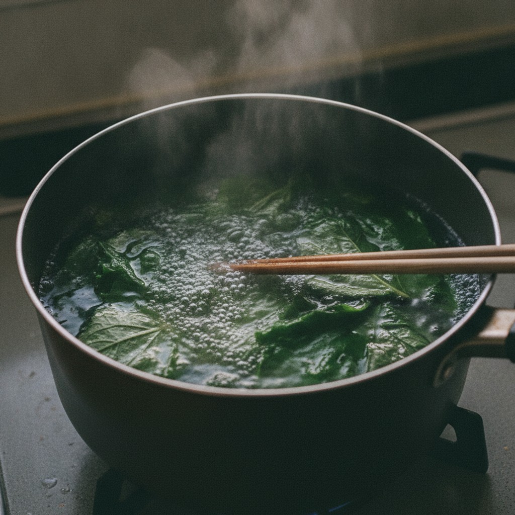 鍋の湯で下ゆでされる青菜