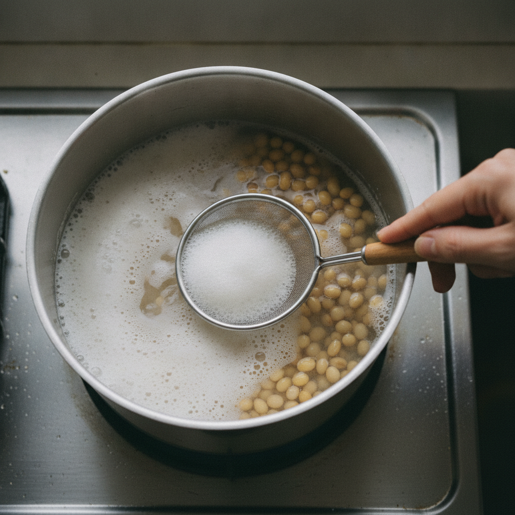 大豆を鍋で茹でる様子