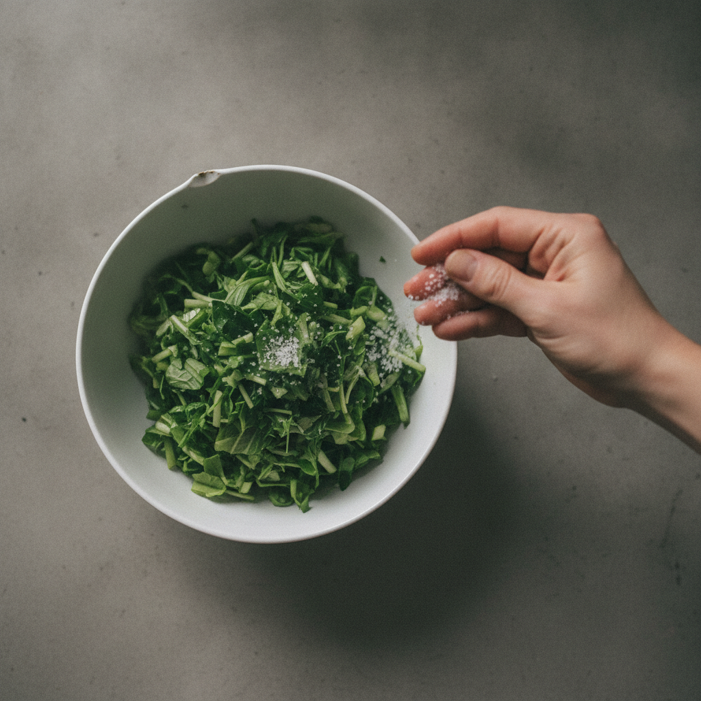 切った水菜に塩を振る様子