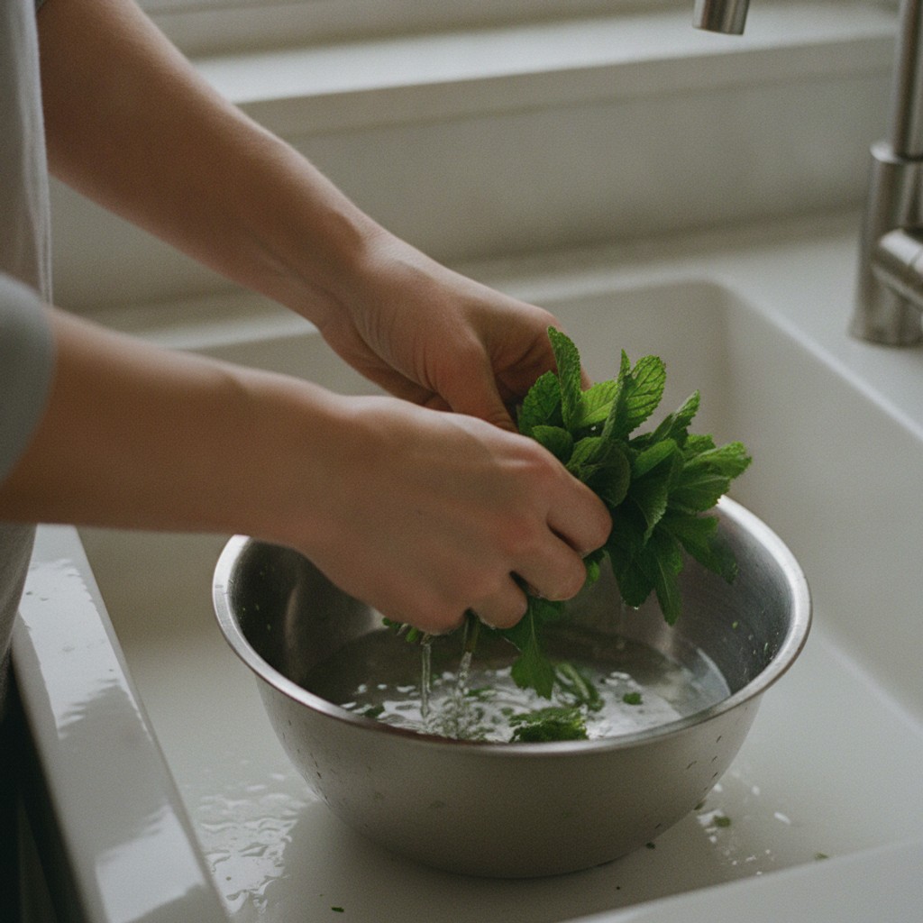 ボウルの水の中でミントの葉を振り洗いする様子