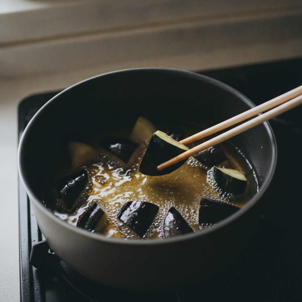 油通ししたなすをカレーに加える下ごしらえ