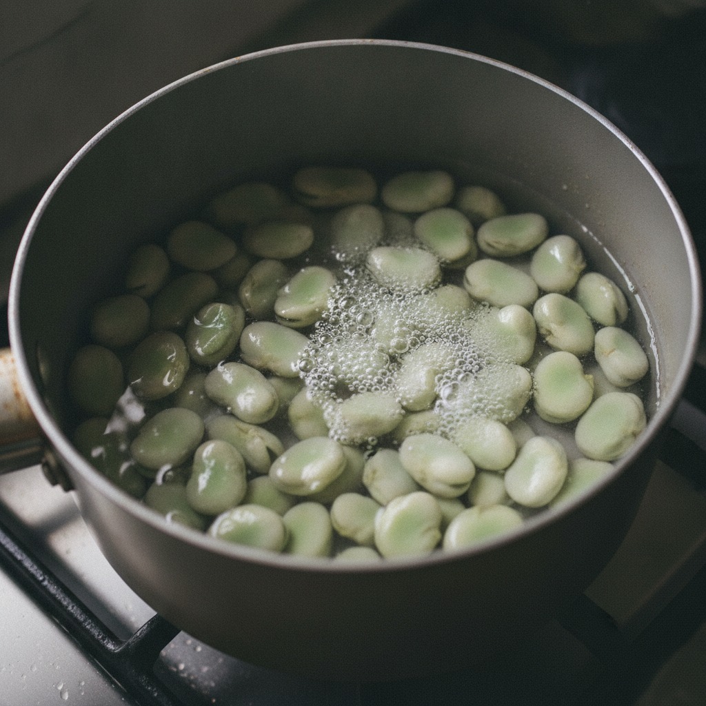 そら豆を熱湯でゆでる様子
