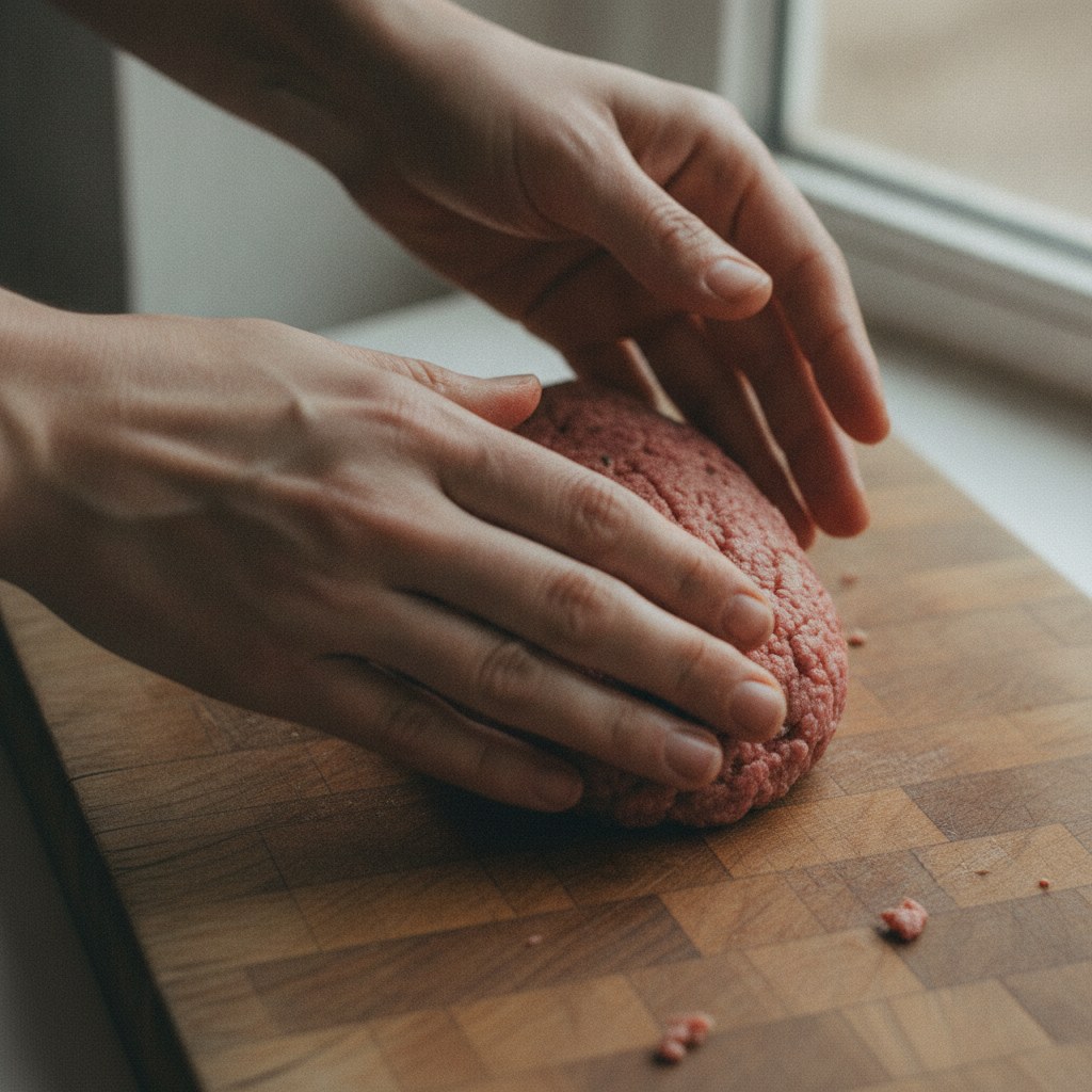 合いびき肉のたねを成形する様子